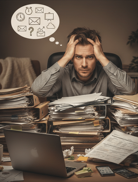 Entrepreneur stressé face à la charge mentale des tâches administratives.
