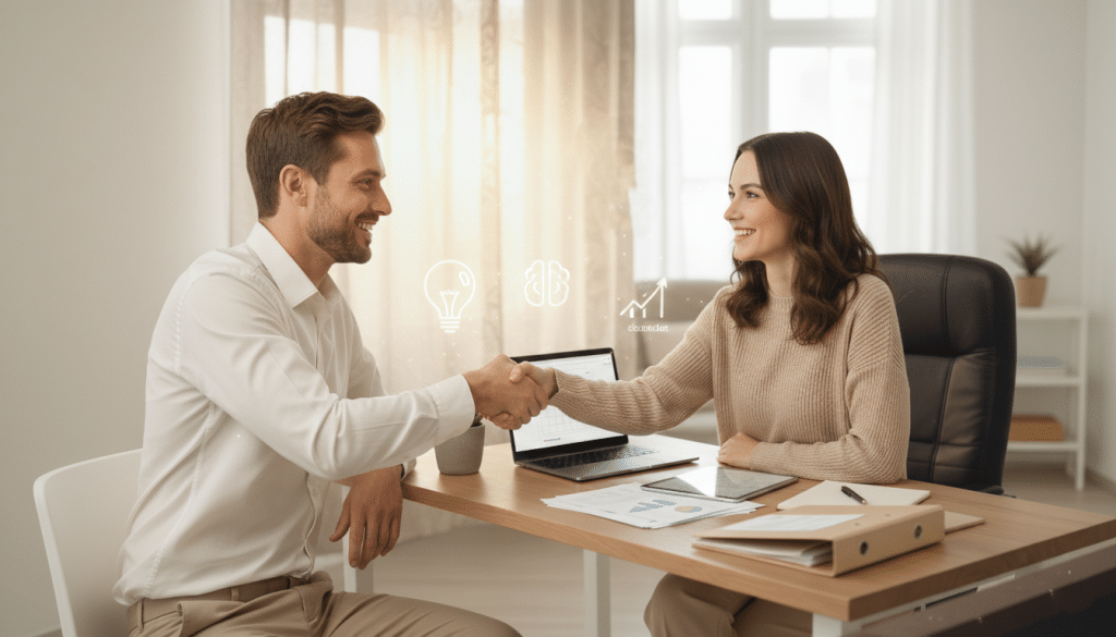 Partenariat et confiance : poignée de main entre une assistante virtuelle et son client.