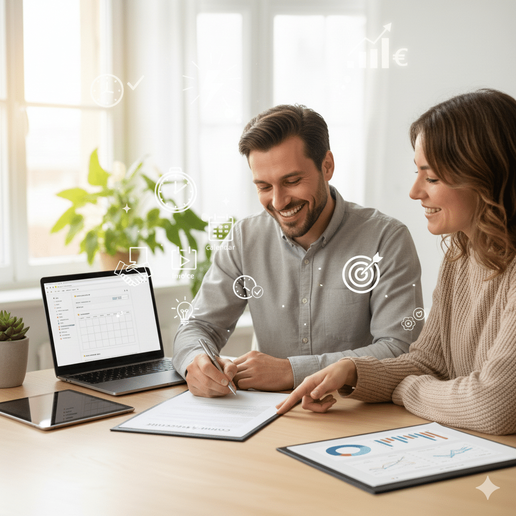 Christina Jodard accompagne un client pour la signature d'un contrat.