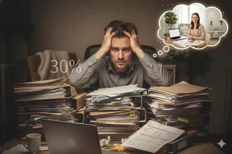 Entrepreneur stressé devant une pile de dossiers avec une bulle de pensée montrant Christina JODARD, assistante virtuelle, gérant sereinement l'administration.