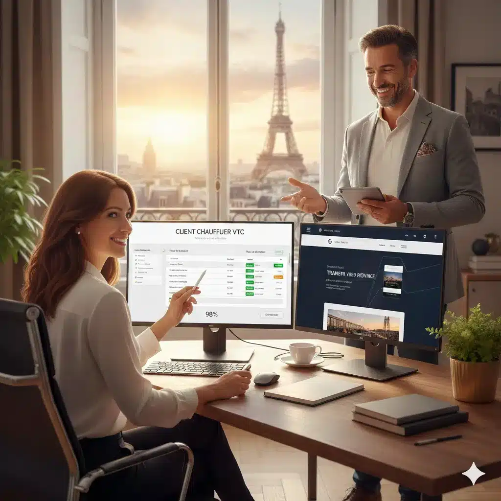 Une assistante de CJ Assistante Virtu'elle collabore avec un client chauffeur VTC sur un tableau de bord de gestion dans un bureau parisien, illustrant un accompagnement métier personnalisé.