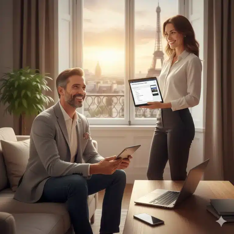 Une assistante de CJ Assistante Virtu'elle montre une interface de services sur tablette à un entrepreneur dans un bureau avec vue sur la Tour Eiffel, illustrant la clarté opérationnelle.