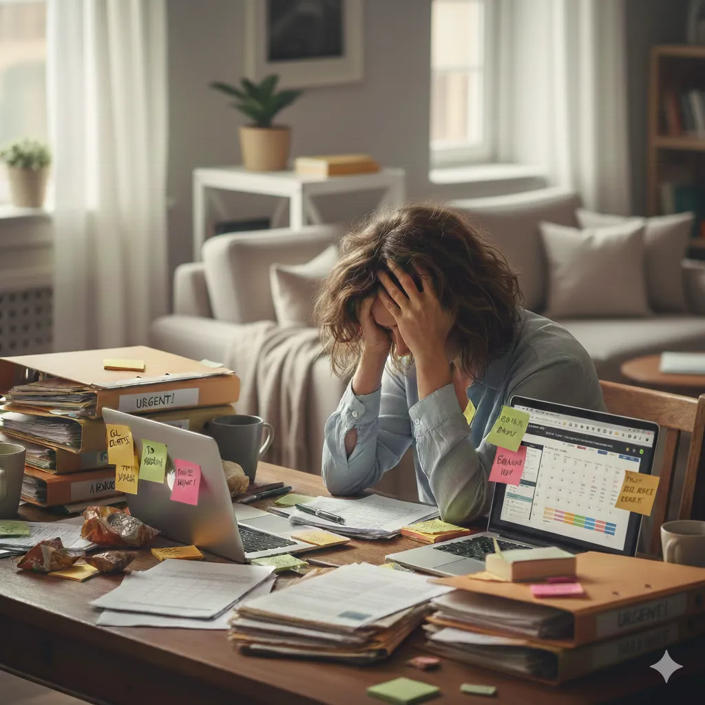 Entrepreneuse stressée devant un bureau encombré de dossiers urgents.
