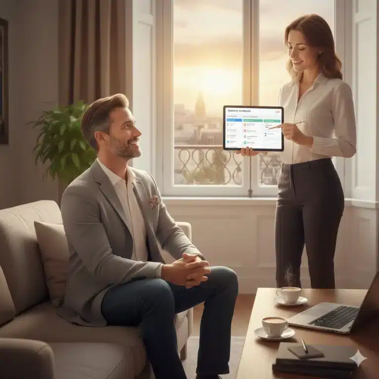 Une assistante de CJ Assistante Virtu'elle présente une stratégie d'organisation sur tablette à un entrepreneur dans un bureau parisien lumineux, illustrant un partenariat de confiance.