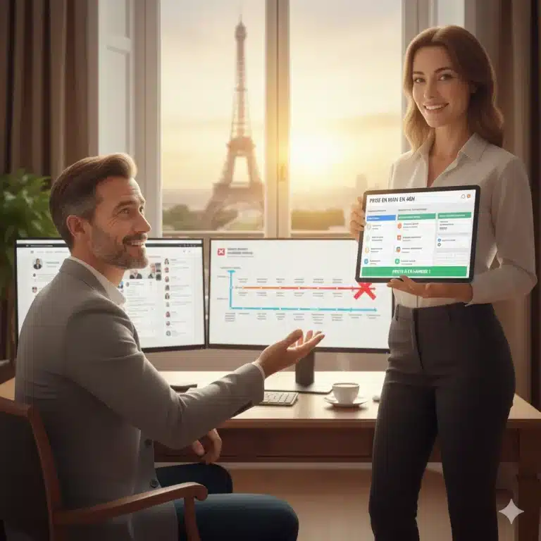 Une assistante de CJ Assistante Virtu'elle présente une solution de prise en main en 48h sur tablette à un entrepreneur, dans un bureau avec vue sur la Tour Eiffel à Paris.