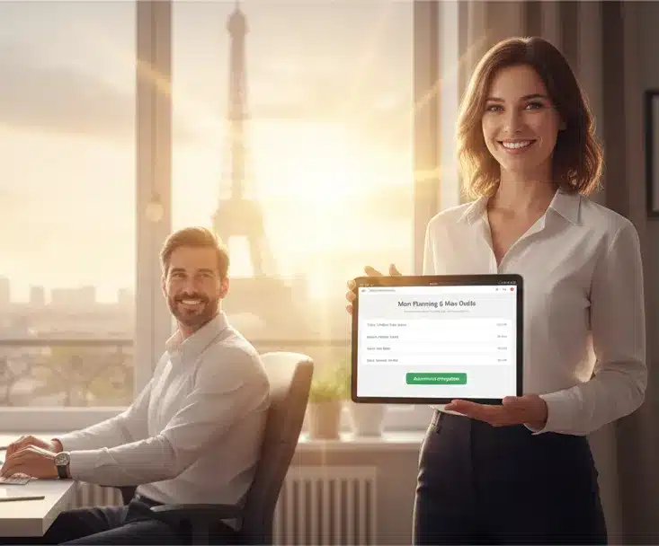 Une assistante de CJ Assistante Virtu'elle présente avec le sourire un planning organisé sur tablette à son client, dans un bureau lumineux avec vue sur la Tour Eiffel.