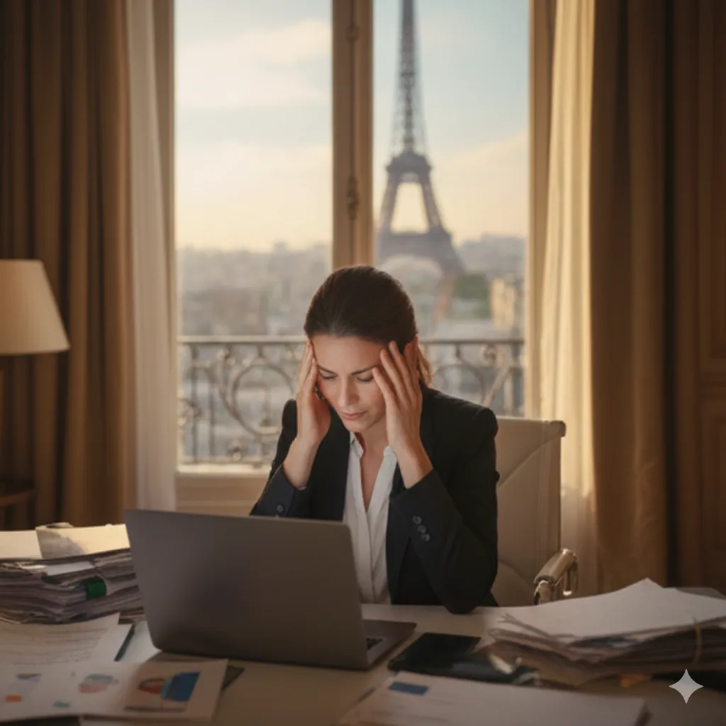 Entrepreneuse stressée devant son ordinateur et des piles de dossiers dans un bureau parisien, illustrant la surcharge administrative avant de faire appel à CJ Assistante Virtu'elle.