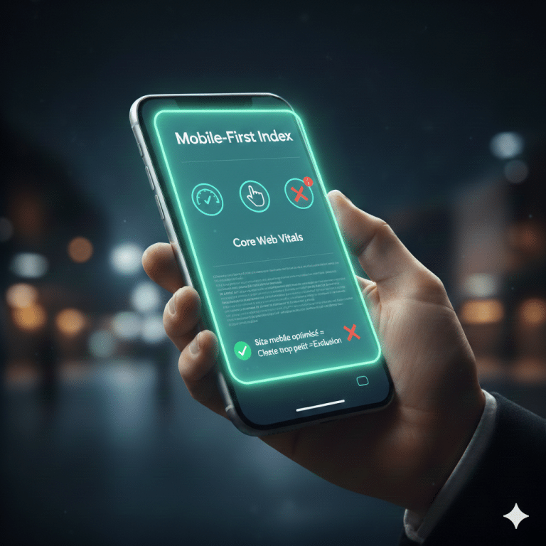 Interface Mobile-First Index et Core Web Vitals pour l'optimisation de site web.