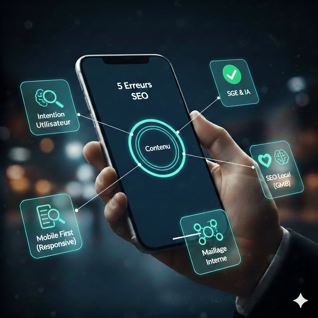 Smartphone : infographie sur les 5 erreurs SEO et l'intention utilisateur en 2026.