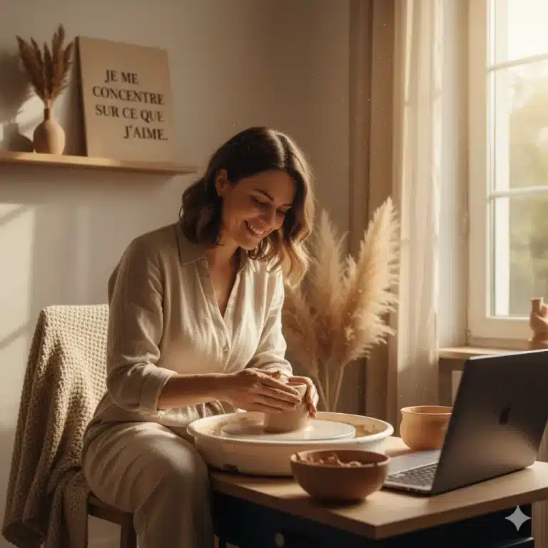 Femme souriante pratiquant la poterie à son domicile, avec un ordinateur portable à côté et un cadre indiquant « Je me concentre sur ce que j'aime ».
