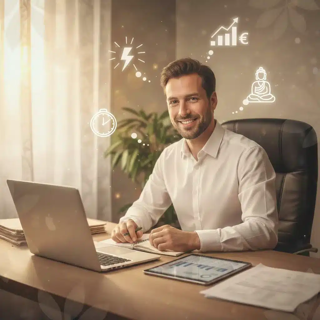Entrepreneur souriant à son bureau avec des icônes de gestion du temps, de croissance financière et de sérénité, illustrant les bénéfices de CJ Assistante Virtu'elle.