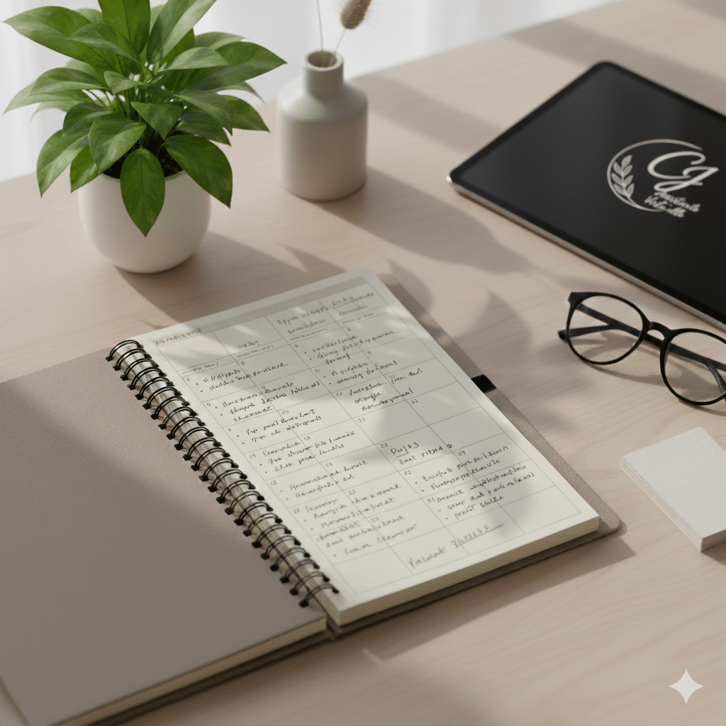 Bureau épuré avec un agenda ouvert rempli de notes manuscrites, une plante verte, des lunettes de vue et une tablette affichant le logo de CJ Assistante Virtu'elle.
