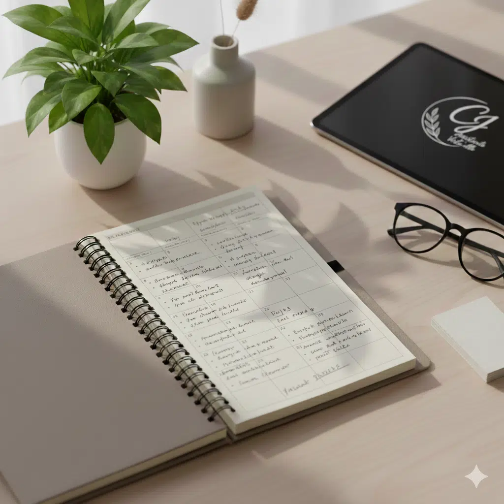Bureau épuré avec un agenda ouvert rempli de notes manuscrites, une plante verte, des lunettes de vue et une tablette affichant le logo de CJ Assistante Virtu'elle.
