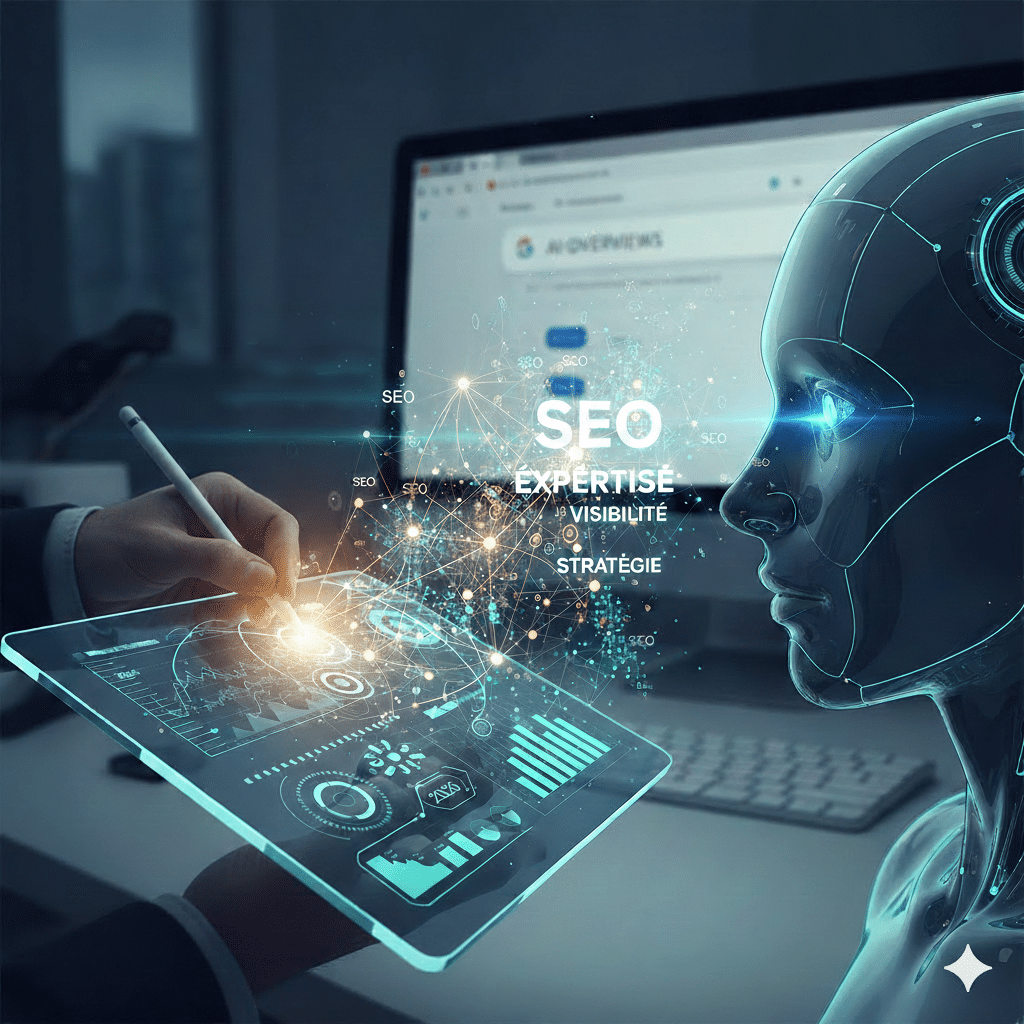 Analyse de données SEO sur tablette transparente : expertise et stratégie.