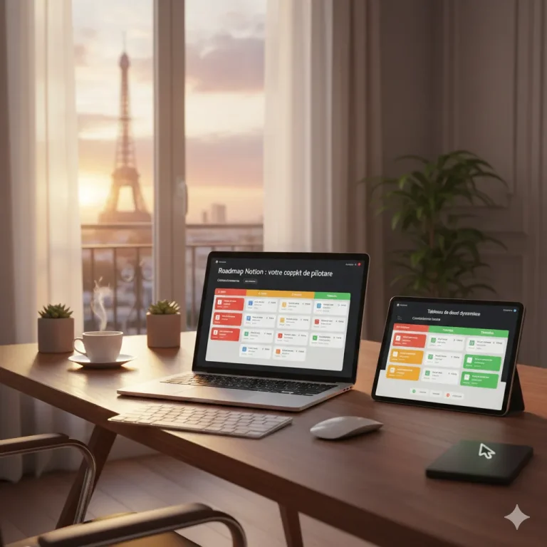 Interface de pilotage CJ Assistante Virtu'elle sur ordinateur et tablette, affichant une roadmap Notion et un tableau de bord dynamique pour la structuration de projets à distance.