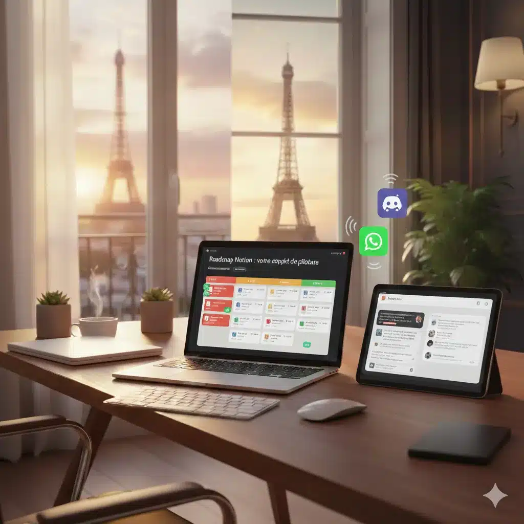 Espace de travail CJ Assistante Virtu'elle avec ordinateur affichant une roadmap Notion et tablette connectée à WhatsApp et Discord, avec vue sur la Tour Eiffel au coucher du soleil.