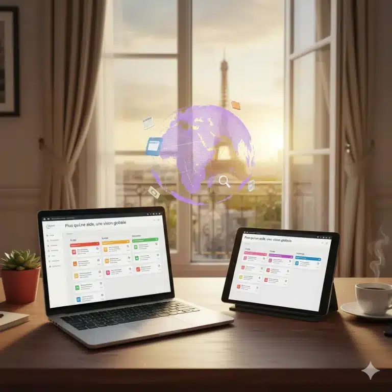 Bureau parisien de CJ Assistante Virtu'elle avec ordinateur et tablette affichant des outils de gestion sous un globe terrestre digital, illustrant une vision globale et une maîtrise à distance.