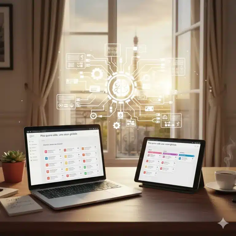 Ordinateur et tablette affichant un tableau de bord CJ Assistante Virtu'elle avec une vue sur la Tour Eiffel, symbolisant une gestion organisée et une vision globale pour les clients.