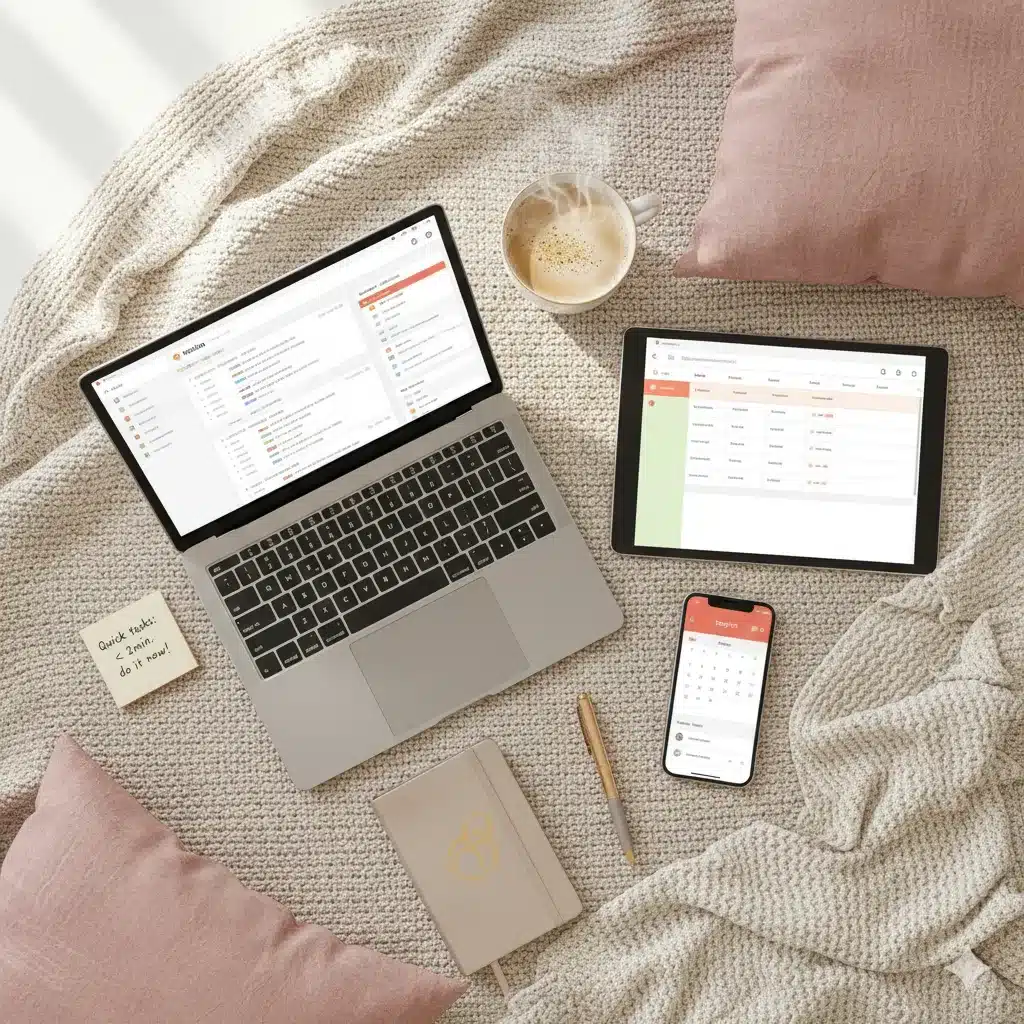 Ordinateur portable et tablette affichant un tableau de bord Notion personnalisé pour le suivi de projet par une assistante virtuelle.