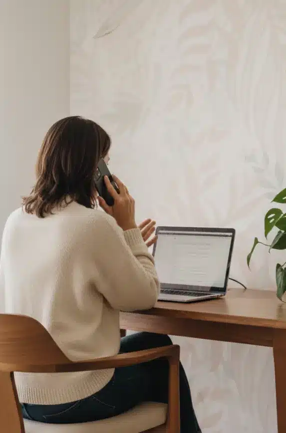 Assistante virtuelle en ligne gérant appels et tâches administratives au bureau.