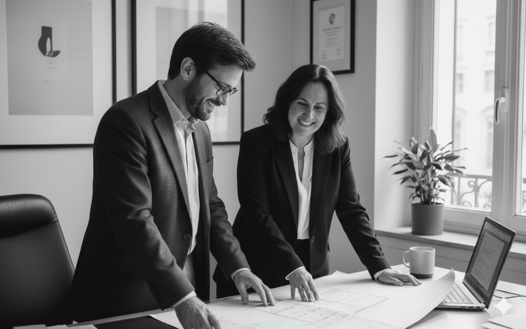 Christina Jodard, assistante virtuelle, échange avec un partenaire professionnel autour d'un projet sur un bureau lumineux. Image en noir et blanc sobre et élégante.