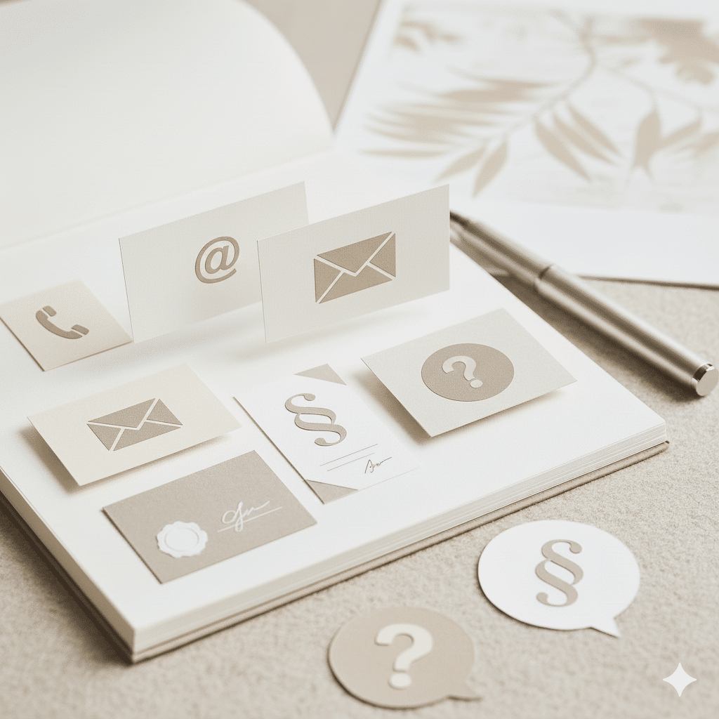 Icônes de secrétariat : gestion mail, téléphone et support juridique.