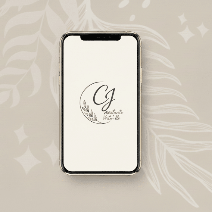 Smartphone affichant le logo CJ Assistante Virtu’elle sur fond crème.