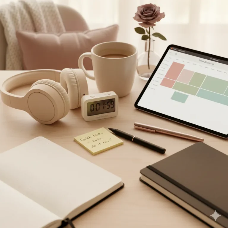Bureau ordonné avec tablette affichant un planning de Time Blocking, casque, carnet de notes et post-it pour une gestion du temps efficace et sereine.