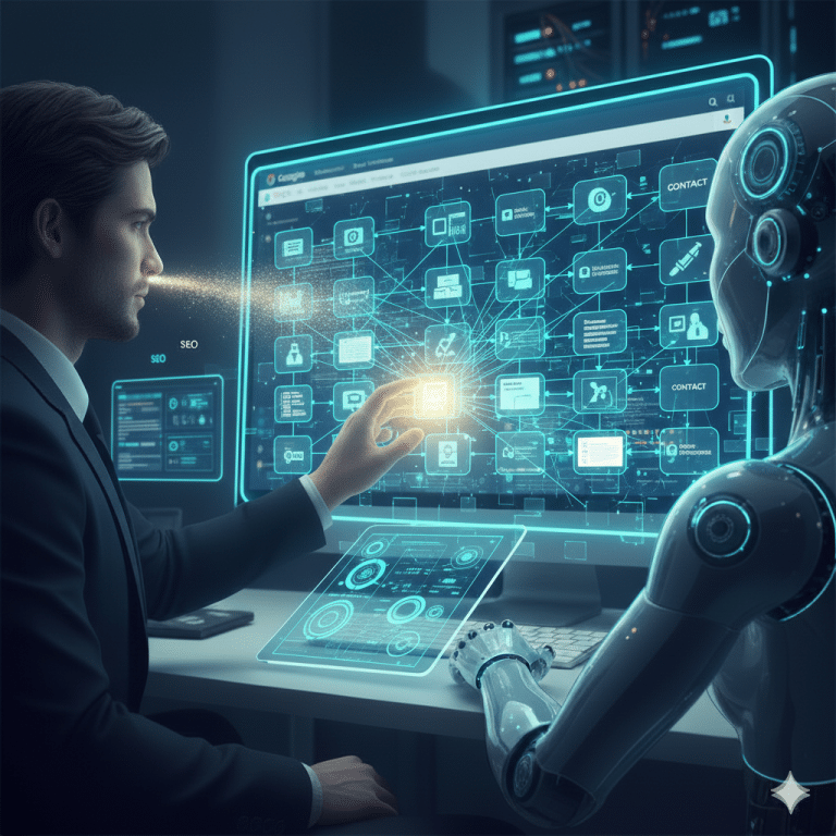 Expertise digitale : stratégie de maillage SEO complexe et futuriste avec IA.