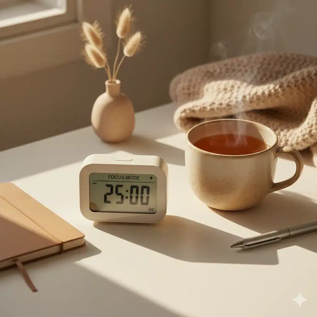 Minuteur Pomodoro sur bureau zen : gestion du temps par CJ Assistante Virtu’elle.