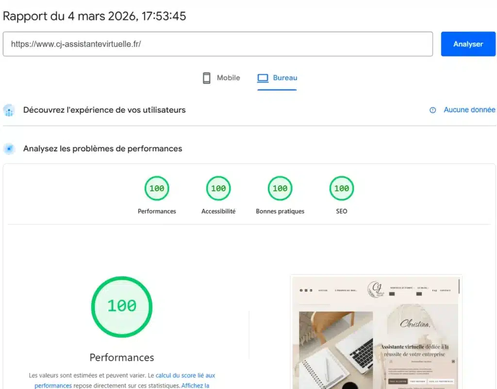 Score de performance 100/100 sur ordinateur pour CJ Assistante Virtu'elle.