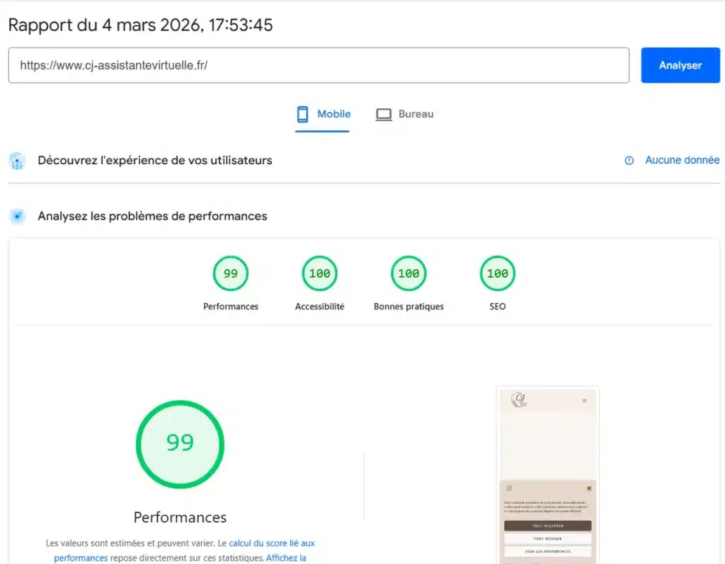 Scores SEO et performances mobiles optimisés pour le site CJ Assistante Virtu'elle.