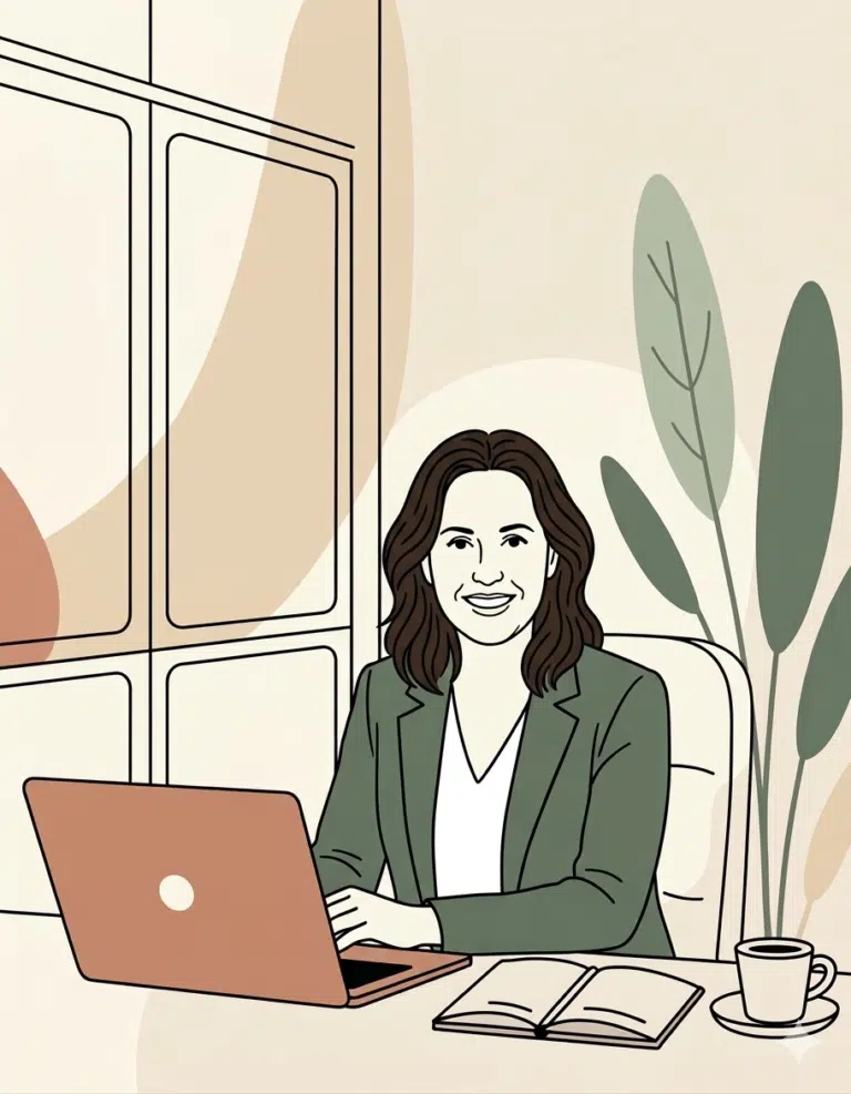 Illustration d'une assistante virtuelle souriante travaillant sur ordinateur pour CJ Assistante Virtu'elle.
