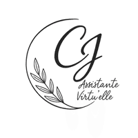 Logo circulaire avec feuille noir et blanc de CJ Assistante Virtu’elle.