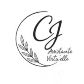 Logo circulaire avec feuille noir et blanc de CJ Assistante Virtu’elle.
