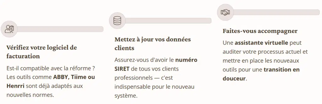 Accompagnement assistante virtuelle pour la transition numérique : choix de logiciel de facturation (ABBY, Tiime, Henrri) et mise à jour des bases SIRET clients.