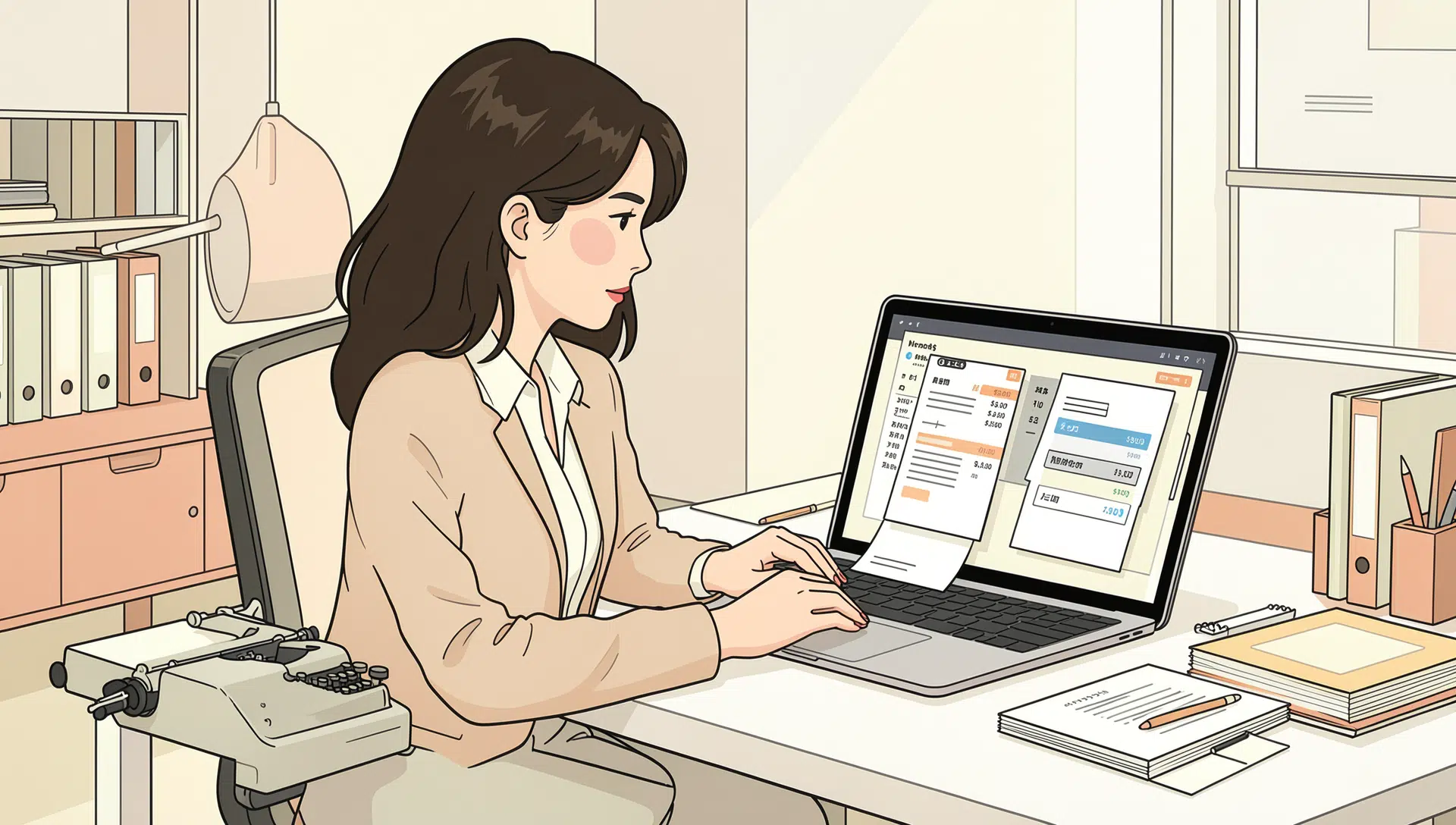 Assistante virtuelle en plein travail de gestion administrative et comptable sur ordinateur portable pour l'accompagnement des entreprises et entrepreneurs.