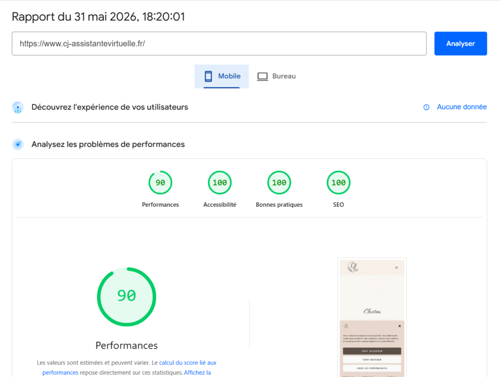 Scores SEO et performances mobiles optimisés pour le site CJ Assistante Virtu'elle.
