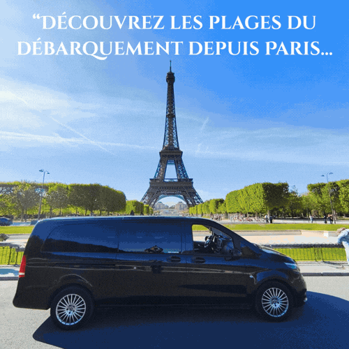 Diaporama d'une excursion depuis Paris : photos des plages du Débarquement en Normandie, monuments historiques, intérieur de la cathédrale de Bayeux et présentation du van tout confort avec services à bord.