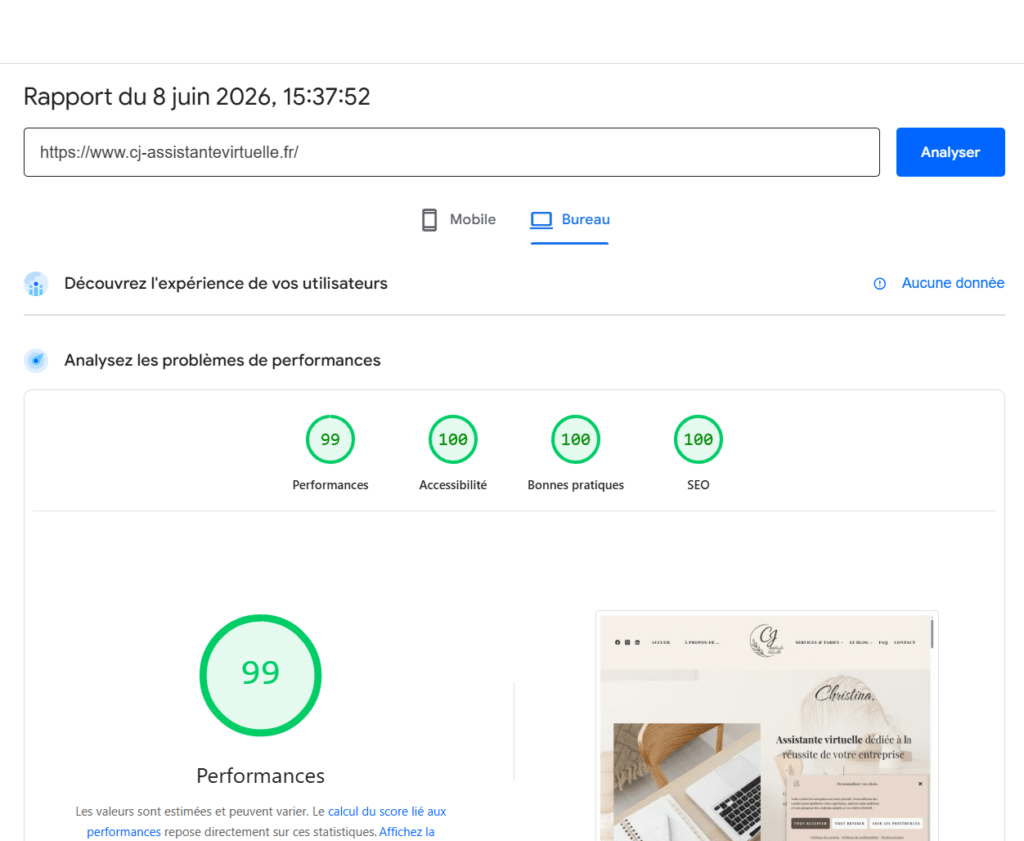 Rapport Google PageSpeed Insights sur bureau pour le site CJ Assistante Virtuelle, affichant un score de performance SEO exceptionnel.